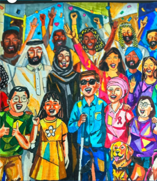 A colourful painting by Abheek of a smiling, diverse crowd, including wheelchair users, a person with a white cane and a guide dog.