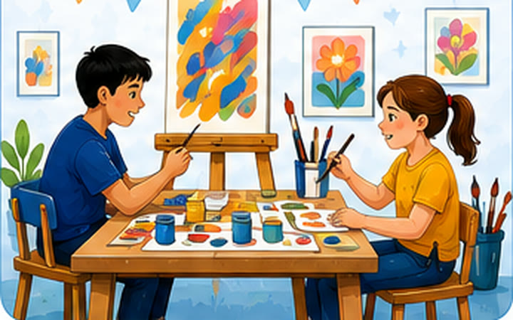 Illustration: a boy and a girl painting at a table spread with paint pots, an easel of abstract work between them and framed flower paintings on the wall.