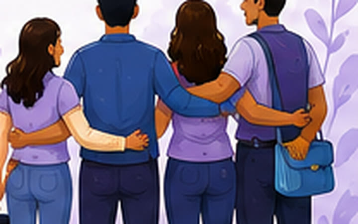 Illustration: a group standing arm in arm seen from behind, among them a child and a person in a wheelchair.