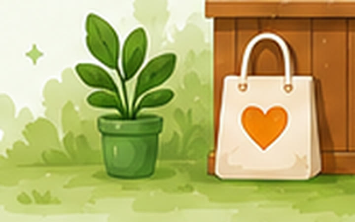 Illustration: a wooden market stall with a potted plant beside it and a cream tote bag carrying an orange heart.