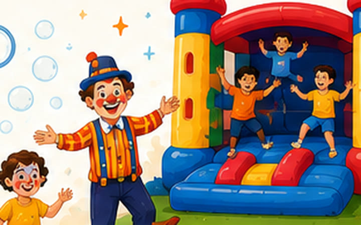 Illustration: a clown greeting a face-painted child beside a red and blue bouncing castle with three children jumping inside, bubbles drifting past.