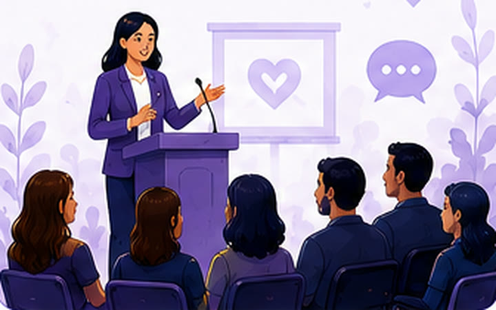 Illustration: a woman speaking at a purple podium with a microphone to a seated audience, a flip chart with a heart behind her.