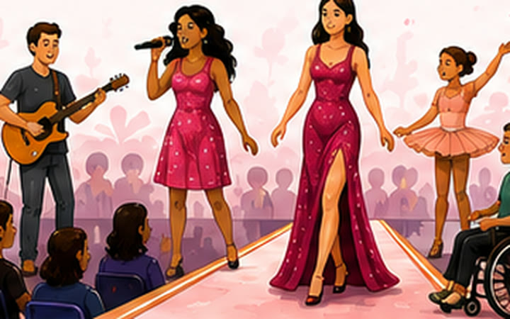 Illustration: a guitarist and two singers on a pink runway stage, a girl in a tutu dancing at the end of it, and a person in a wheelchair alongside.