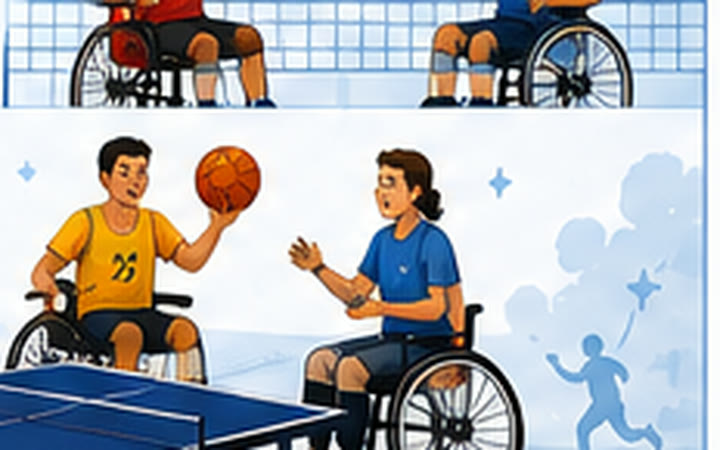 Illustration: two wheelchair players at a blue table tennis table, with a wheelchair basketball player behind them.