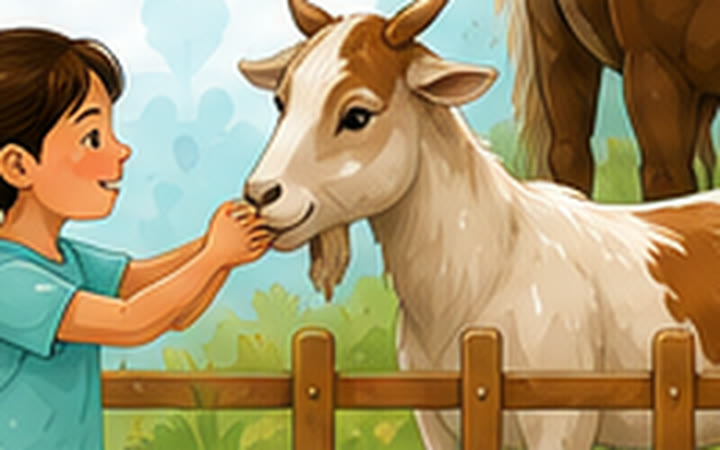 Illustration: a girl in a teal shirt feeding a white and brown goat over a wooden fence, a brown horse standing behind them.