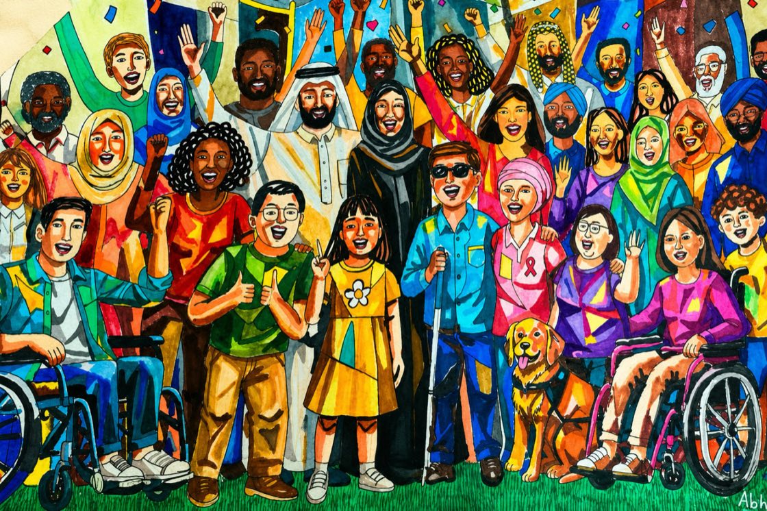 A colourful painting by Abheek: a diverse, cheering crowd — a blind man with a white cane, a wheelchair user, a girl with a guide dog, hijabs, a kandura, a cancer-ribbon shirt, children and elders — celebrating together with raised fists.